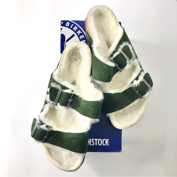 Birkenstock Other - NIB Birkenstock Arizona Suede Shearling Fur Mountain View Green Sandals Shoes